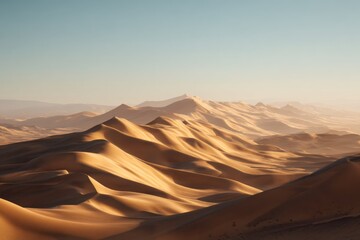 Naklejka premium Serene Desert Landscape with Gentle Sand Dunes and Expansive Sky, Soft Light Casting Shadows on Warm Sand, Natural Beauty of the Arid Environment