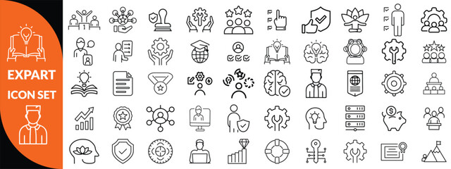 Expert line icon set. Set of outline icons related to talent, skill, aptitude, specialist, thinking, expertise, expert and others. Editable stroke. Vector illustration