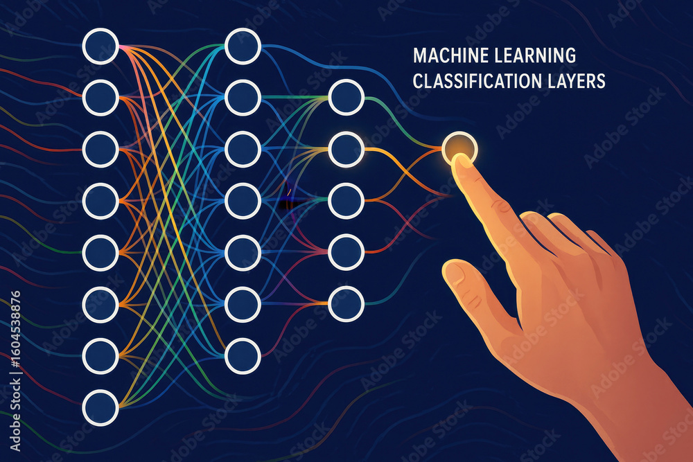 Poster human finger interacting with colorful neural network layers machine learning artificial intelligenc