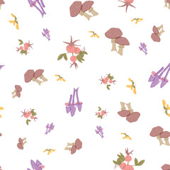 Whimsical Forest Seamless Vector Pattern with Mushrooms, Leaves and Woodland Animals