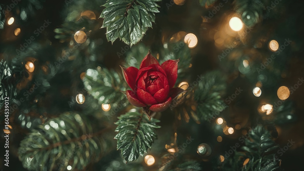 Poster close-up of a red blossom with green foliage and sparkling bokeh lights in a soft-focus vintage styl
