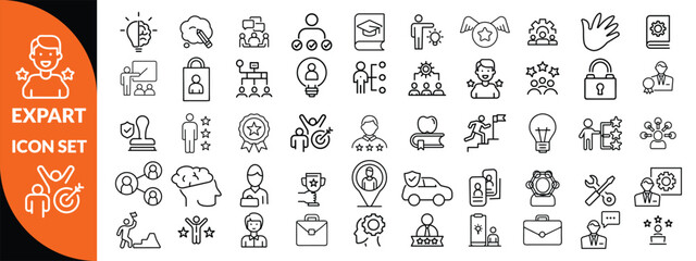 Expert line icon set. Set of outline icons related to talent, skill, aptitude, specialist, thinking, expertise, expert and others. Editable stroke. Vector illustration