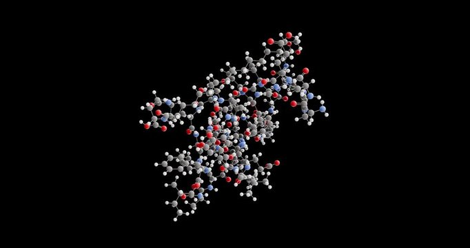 Liraglutide molecule, rotating 3D model of anti-diabetic medication, looped video on a black background
