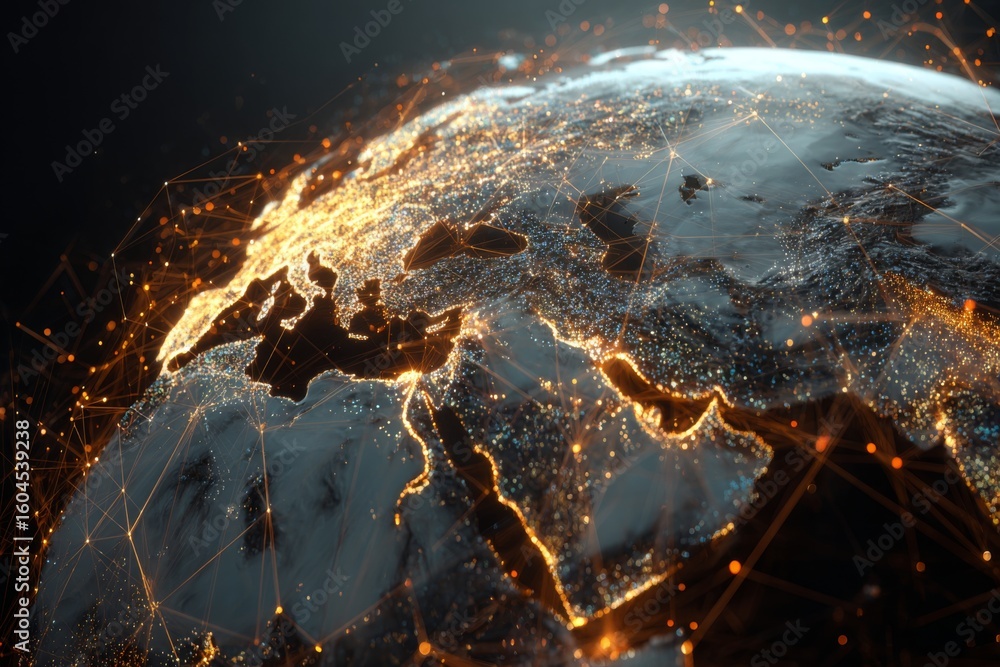 Poster abstract visualization of interconnected global networks and data exchange highlighting regions acro