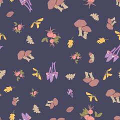 Whimsical Forest Seamless Vector Pattern with Mushrooms, Leaves and Woodland Animals