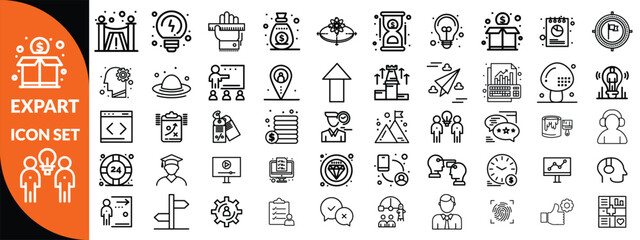 Expert line icon set. Set of outline icons related to talent, skill, aptitude, specialist, thinking, expertise, expert and others. Editable stroke. Vector illustration