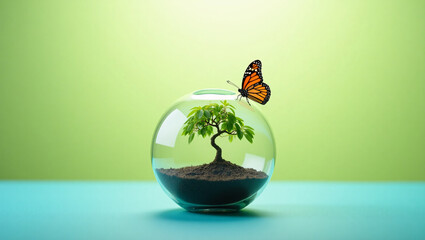 A monarch butterfly rests on a glass terrarium with a small tree inside, against a soft green background.