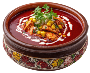 Spicy red soup with chicken, rice, and corn