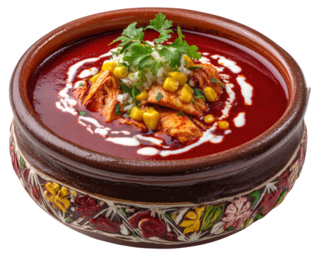 Spicy red soup with chicken, rice, and corn