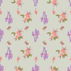 Whimsical Forest Seamless Vector Pattern with Mushrooms, Leaves and Woodland Animals