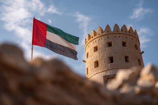 UAE flag alongside an ancient stone tower contrasted against a partly cloudy sky