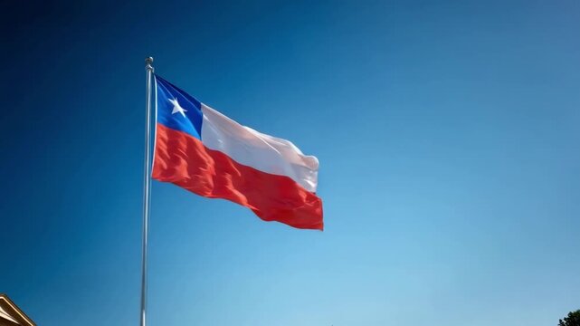 The vibrant flag of Chile flutters in the breeze, showcasing its colors under a bright blue sky on a sunny day.