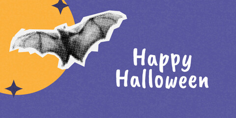 happy halloween halftone collage banner. grunge modern cut out elements. ripped paper style, dotted illustration. trendy holiday background with bat