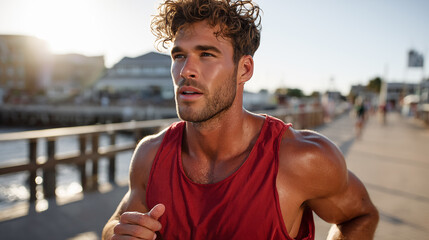 Portrait of a sporty man running on the promenade
