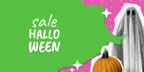 happy halloween halftone collage banner. grunge modern cut out elements. ripped paper style, dotted illustration. trendy holiday background with ghost, pumpkin