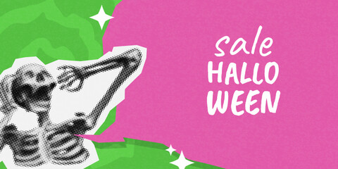 halloween halftone collage banner. grunge modern cut out elements. ripped paper style, dotted illustration. trendy holiday background with skeleton