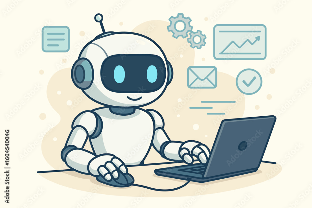 Poster friendly ai robot character working on laptop handling online tasks, artificial intelligence assista
