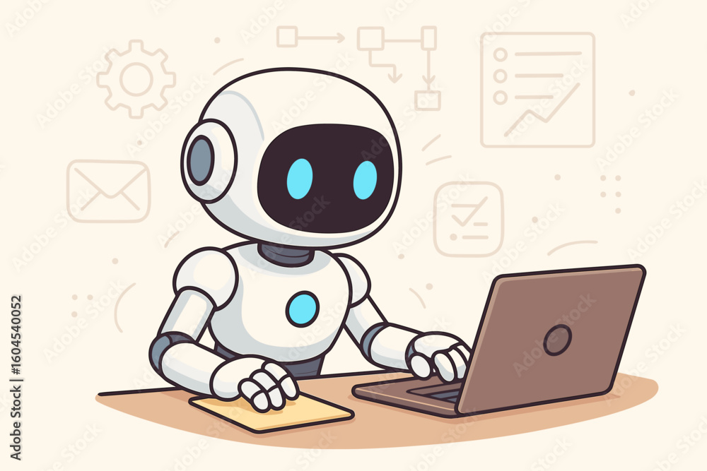 Poster friendly ai robot working online at laptop in modern office, digital assistant automation completing