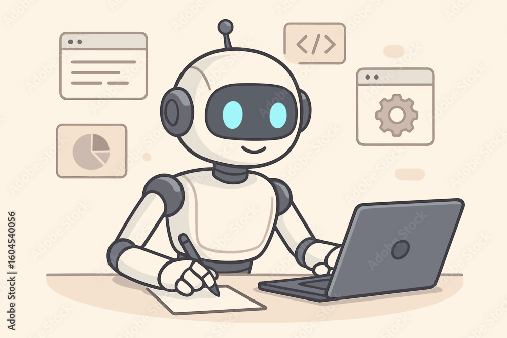 Poster cute friendly ai robot using laptop for online work, coding software, data analytics, artificial int