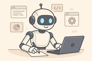Cute friendly AI robot using laptop for online work, coding software, data analytics, artificial intelligence assistant cartoon character, vector illustration in modern workspace