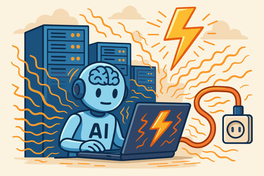 Artificial Intelligence Laptop Electric Energy Power Consumption, Excessive Data Usage, Data Server Park Capacity, Technology Concept Vector Illustration, Modern Digital Computing