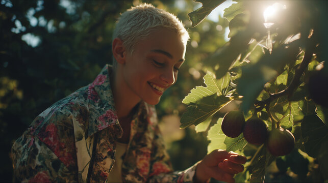 Queer person smiling while picking figs in warm sunlight.