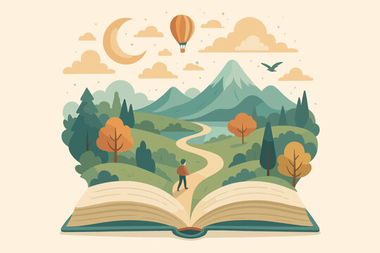 Imagination journey through reading. Open book becomes fantasy landscape with mountains, forest path, hot air balloon, moon, clouds, lone hiker. Escape reality vector illustration.