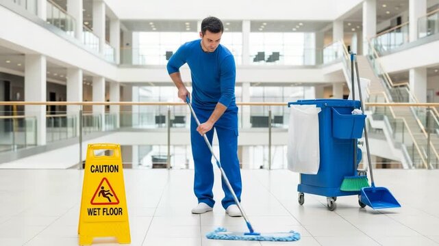 A man in a blue uniform mops the floor of a modern building hallway, with a caution wet floor sign and cleaning cart nearby