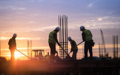 Construction workers laboring on a new building project during a beautiful sunset
