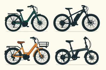 Electric bicycles collection of four modern e-bike illustrations, urban city bike, mountain MTB electric cycle, folding compact ebike, flat side view vector on light background