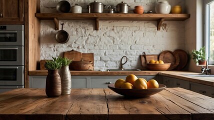 Wooden Tabletop with Defocused Rustic Kitchen Bench Interior Background - 6