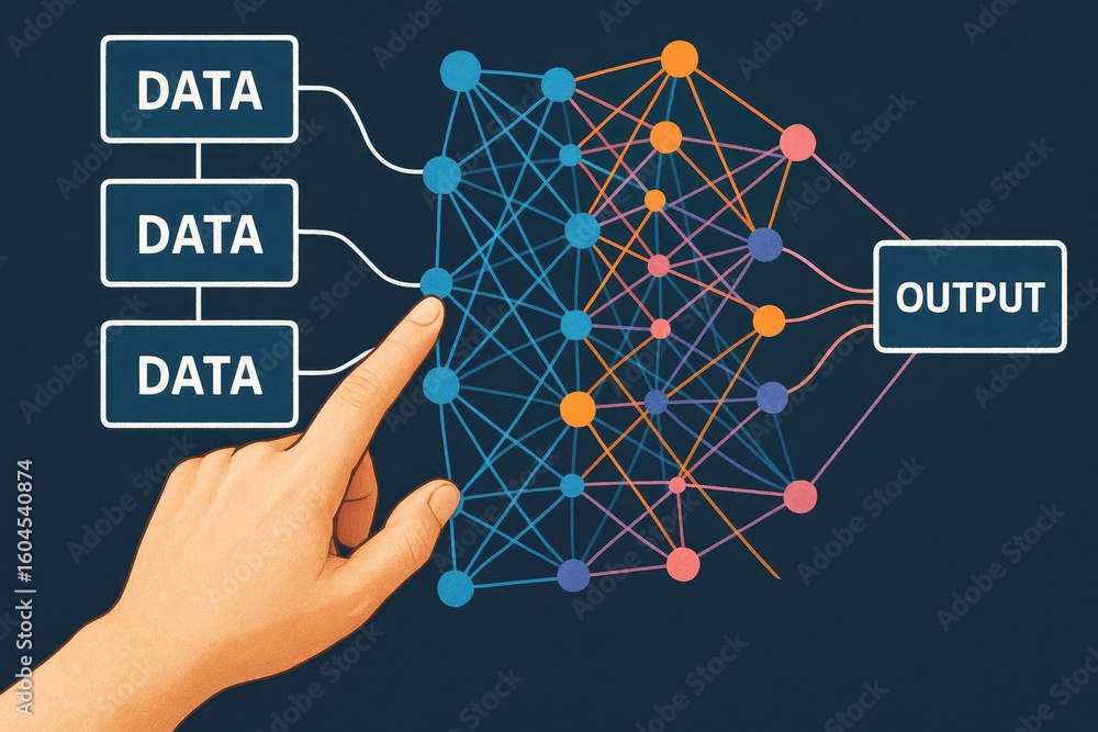 Poster human finger touching blue node in complex network diagram with datainput and output boxes