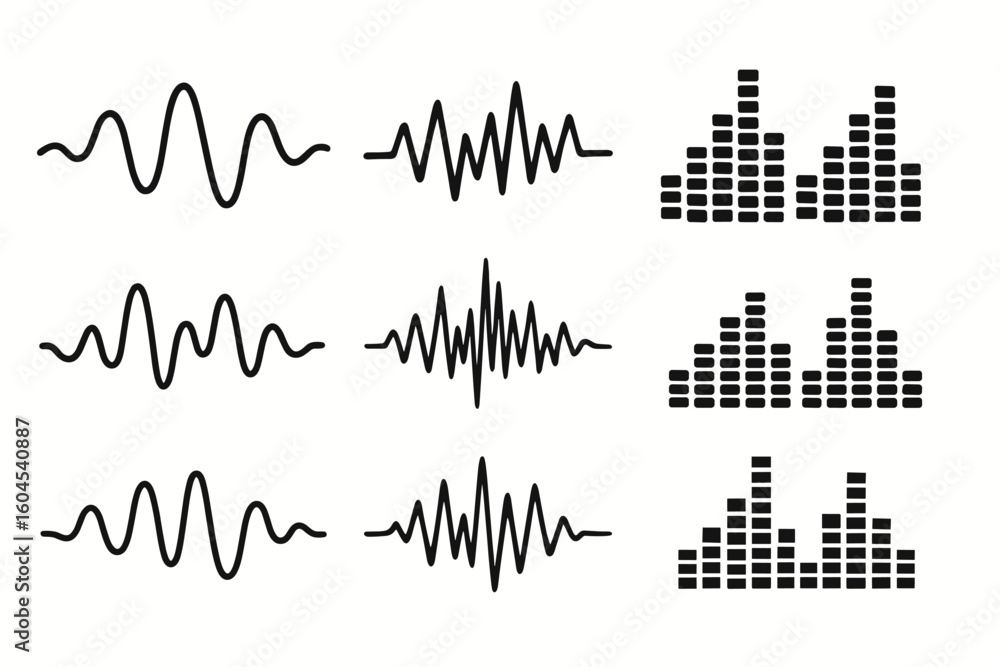 Poster sound waves and audio equalizer vector elements. music frequency waveform, digital voice pulse, soun
