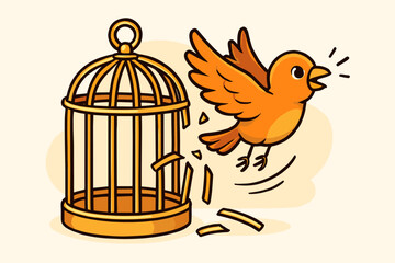 Bird flies free from broken cage. Metaphor for freedom, liberation, hope, escape, and new beginnings. Overcoming obstacles and finding opportunity. Vector cartoon art.