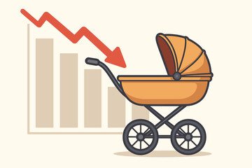 Declining Birth Rate Concept. Baby Stroller and Downward Trend Red Arrow on Bar Chart. Fertility Crisis, Demographic Decline, Population Drop, Low Birthrate Symbol. Vector Illustration