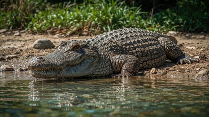Fototapeta premium A giant crocodile positioned on the river shore