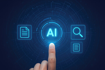 Human finger touching glowing blue artificial intelligence interface with document and search icons