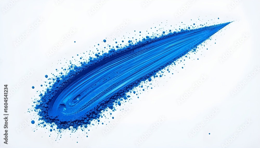 Poster a single stroke of vibrant blue paint with splatters on a white background in a diagonal pattern