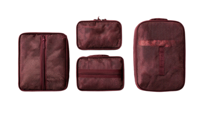 Four burgundy-colored, zippered, mesh packing cubes