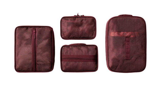 Four burgundy-colored, zippered, mesh packing cubes