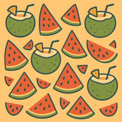 Watermelons, coconut cocktails on orange background. Perfect for summer themed designs, tropical party invitations, beach event promotions, refreshing social media posts.