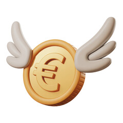 Gold euro coin with wings flying isolated on transparent background