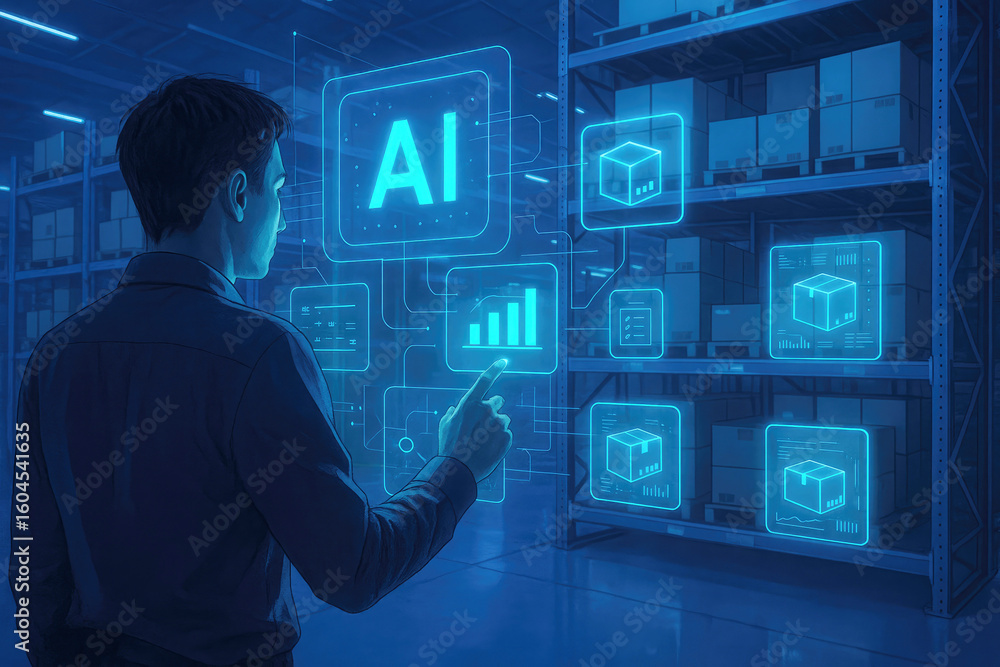 Poster man interacting with digital warehouse interface technology artificial intelligence