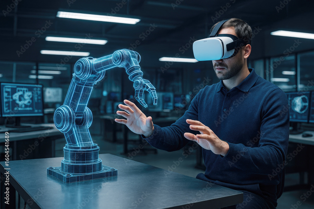 Poster man interacting with holographic robot arm in virtual reality vr headset