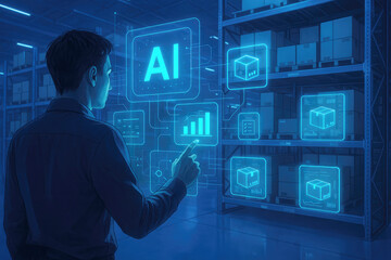Man interacting with digital warehouse interface technology artificial intelligence