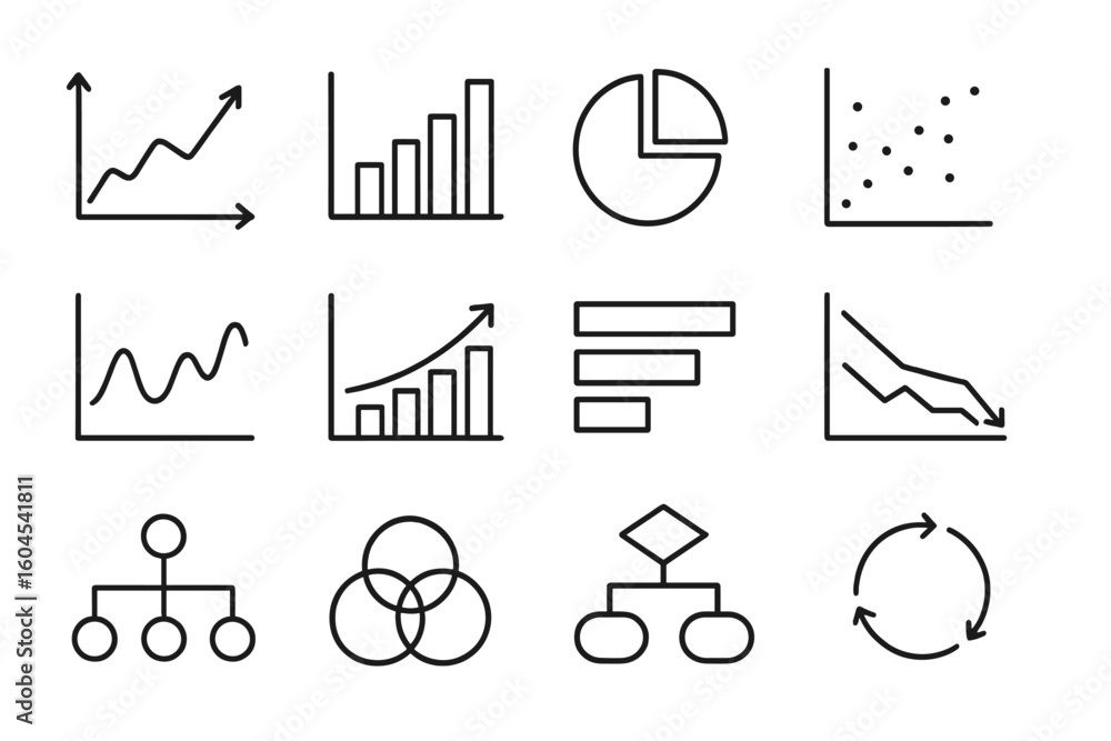 Poster data analysis line icon set. graph, chart, and diagram for business report. finance statistics and m