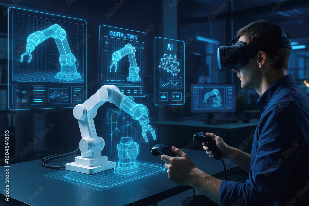 Aufkleber man uses virtual reality headset interacting with holographic robotic arms and digital twin data