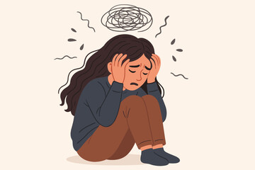 Teen girl depression anxiety attack illustration. Sad adolescent sitting on floor holding head. Mental health crisis, stress, mood disorder, psychological problem concept vector