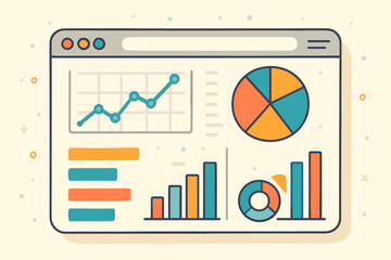 Data analytics dashboard in web browser with graphs and charts. Business statistics report, financial analysis, information visualization. Flat vector illustration.