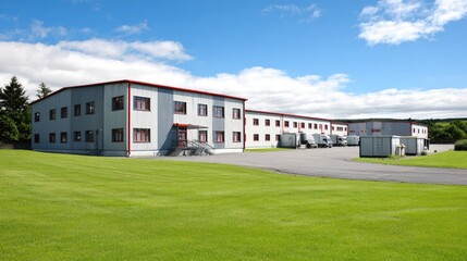 Fototapeta premium Wide shot of a modern industrial complex with parking area.